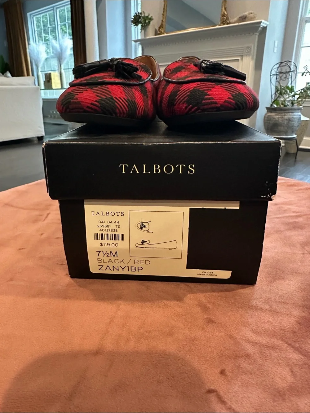 Talbots Red & Black Plaid Tassel Loafers